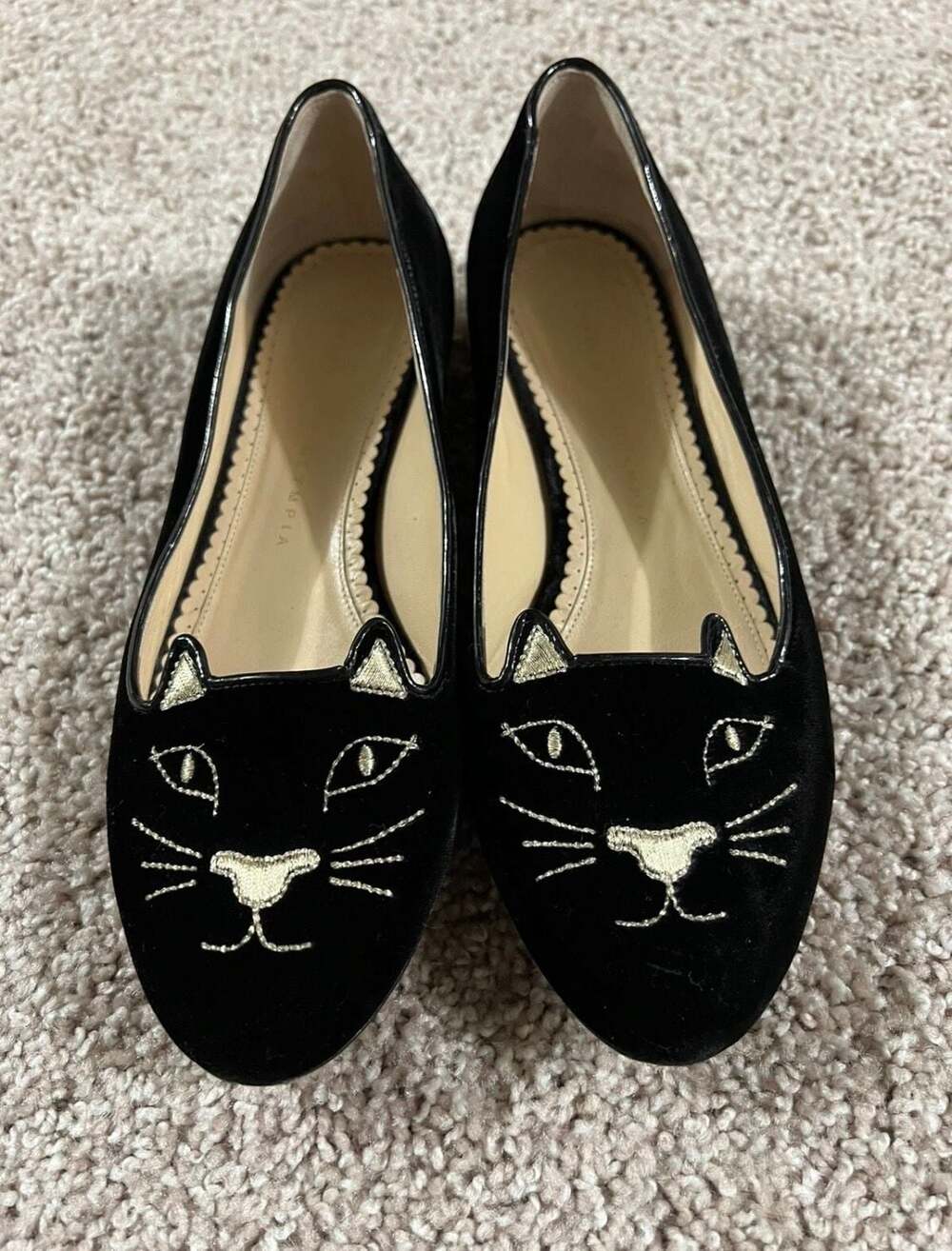 Charlotte Olympia Black Velvet Kitty Embroidered Flats